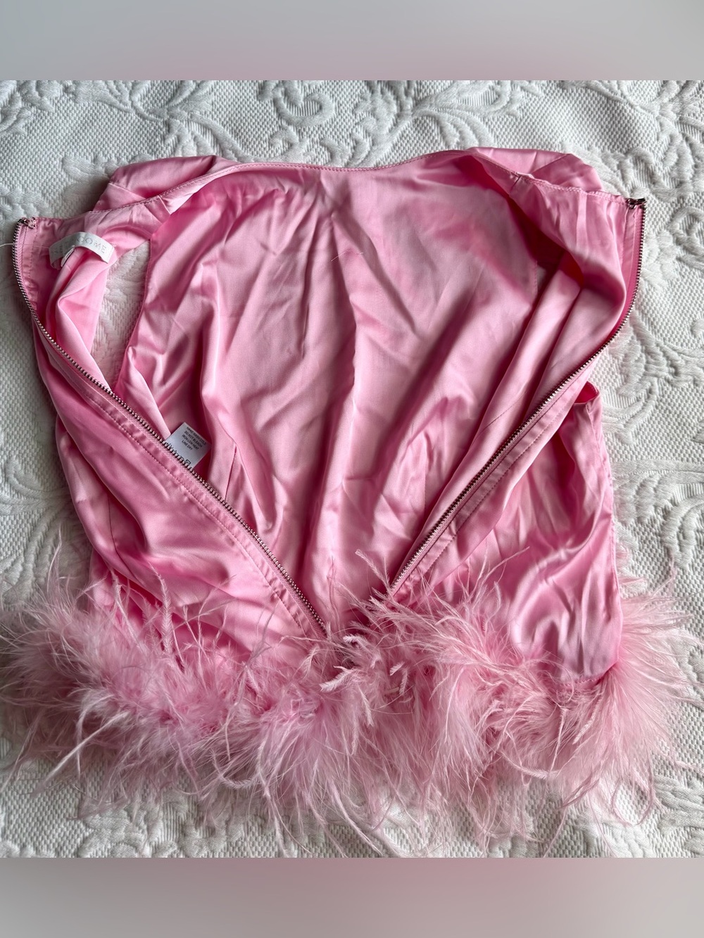 REVOLVE MORE TO COME PINK SATIN FEATHER TRIM CROP TOP XS - Picture 6 of 9